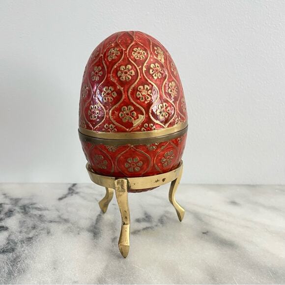Vintage | MCM Heavy Brass Red Cloisonné Enamel Egg Trinket Case Stand Faberge - Picture 5 of 12